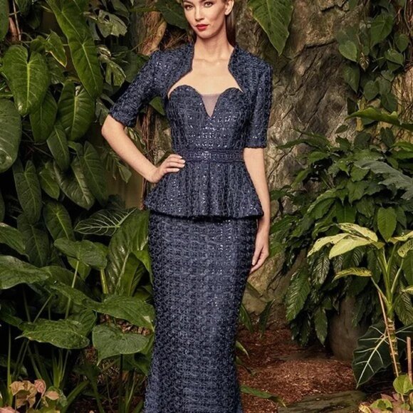 Alexander By Daymor New Navy Beaded Peplum Bolero Jacket Maxi Dress Size 6 #977 - Picture 1 of 12
